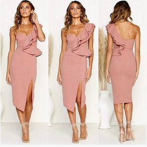 Pink midi one shoulder bodycon dress